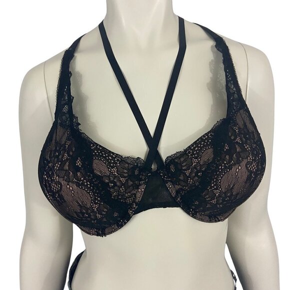 Smart & Sexy Lace Strappy Black & Sandy Rose Demi Push-up Bra Size 34DDD NWT - Picture 1 of 8